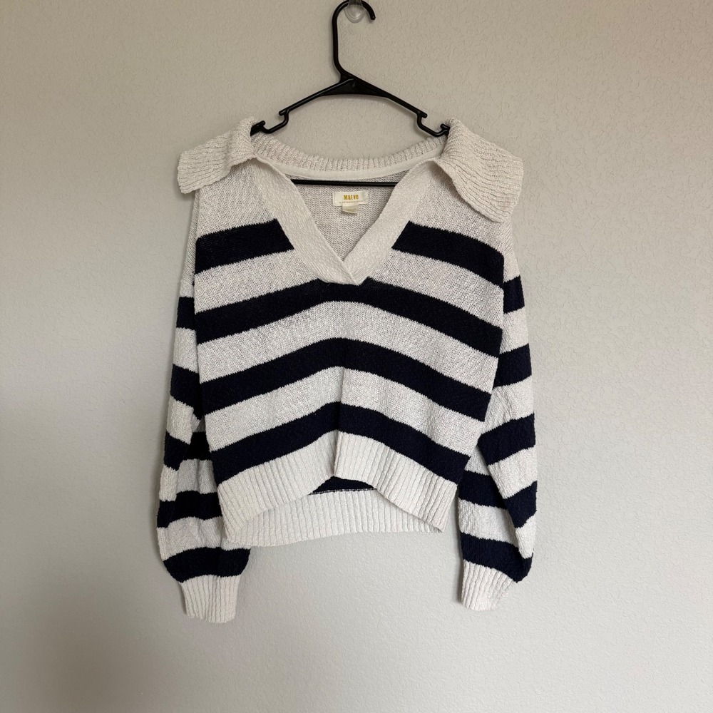 Maeve Anthropologie Striped Sailor Collar V-Neck Sweater White Navy Blue Medium